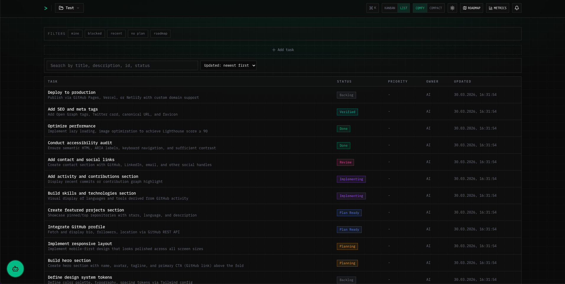 aif-handoff list view — dark theme