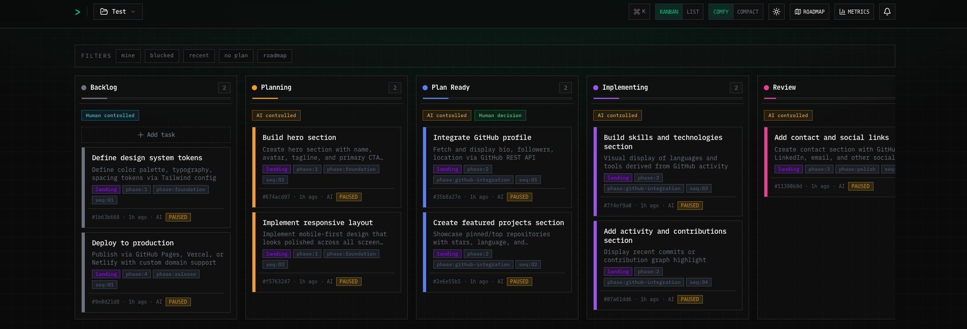 Handoff kanban board — dark theme